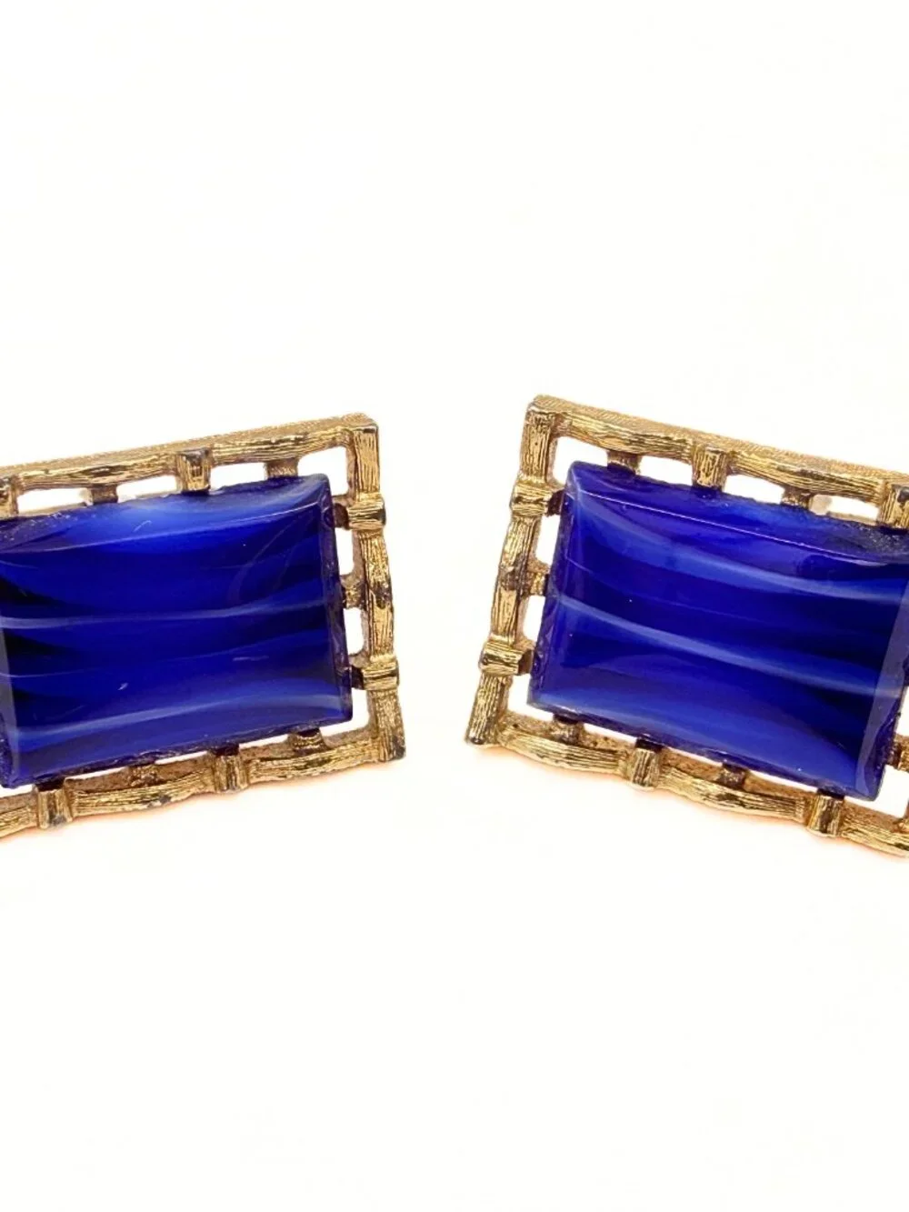 MCM Blue Banded Stripes Blue Glass Textured Rectangular Statement Cufflinks